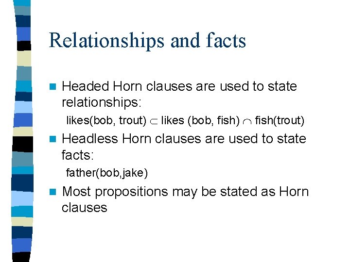 Relationships and facts n Headed Horn clauses are used to state relationships: likes(bob, trout)