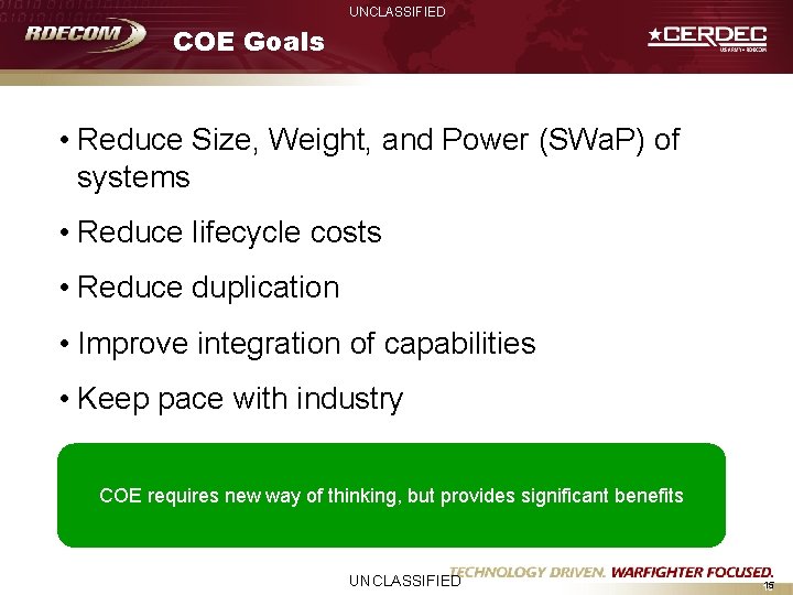 UNCLASSIFIED COE Goals • Reduce Size, Weight, and Power (SWa. P) of systems •