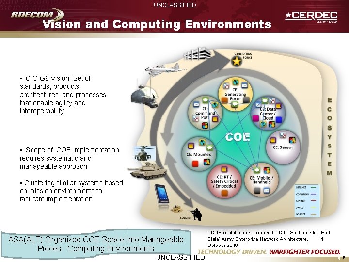 UNCLASSIFIED Vision and Computing Environments • CIO G 6 Vision: Set of standards, products,