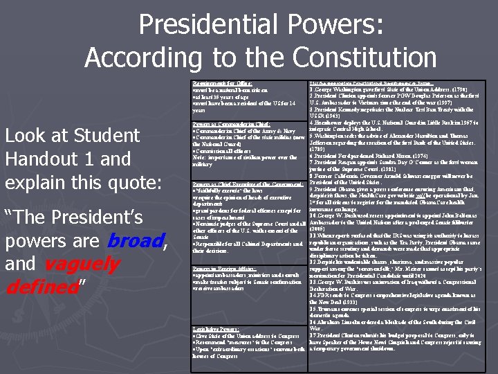 Presidential Powers: According to the Constitution Requirements for Office: must be a natural born