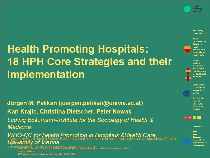 Health Promoting Hospitals Technically supported by: Health Promoting Hospitals: 18 HPH Core Strategies and