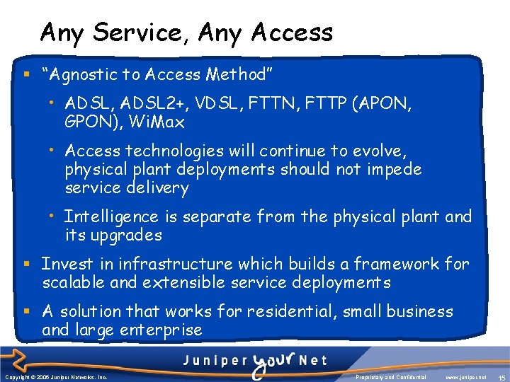 Any Service, Any Access § “Agnostic to Access Method” • ADSL, ADSL 2+, VDSL, Any Service, Any Access § “Agnostic to Access Method” • ADSL, ADSL 2+, VDSL,
