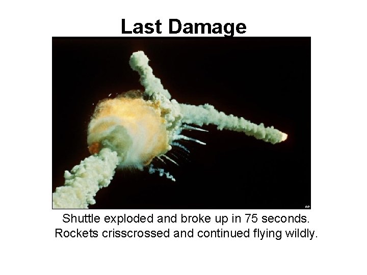 Last Damage Shuttle exploded and broke up in 75 seconds. Rockets crisscrossed and continued