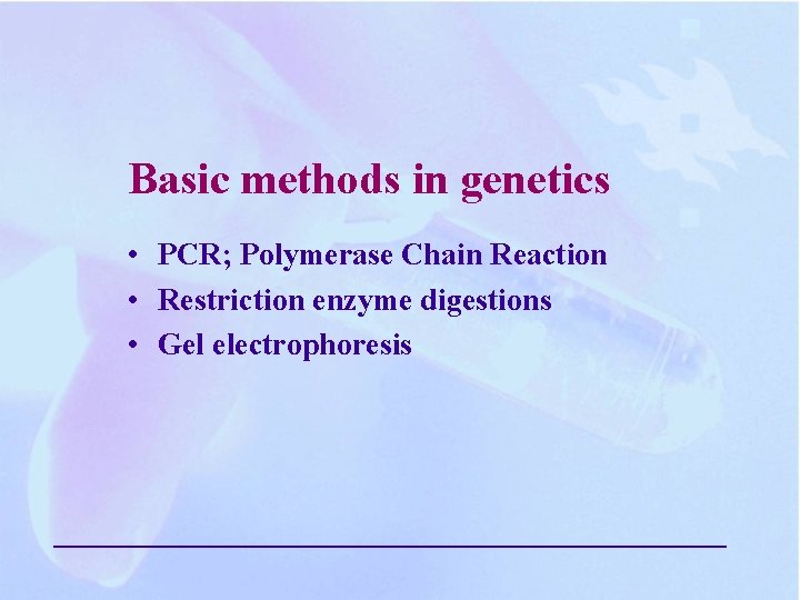 Basic methods in genetics • PCR; Polymerase Chain Reaction • Restriction enzyme digestions •