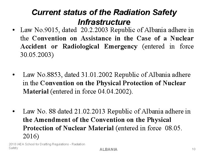 Current status of the Radiation Safety Infrastructure • Law No. 9015, dated 20. 2.
