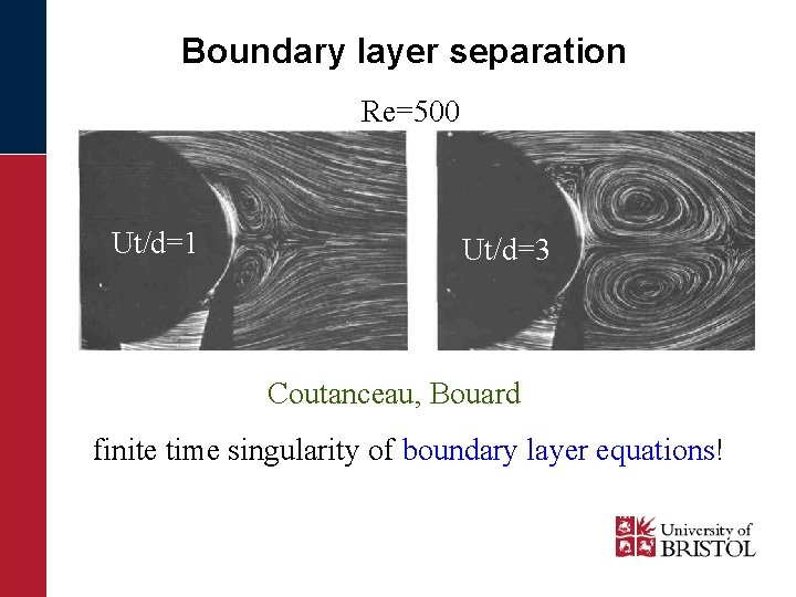 Boundary layer separation Re=500 Ut/d=1 Ut/d=3 Coutanceau, Bouard finite time singularity of boundary layer