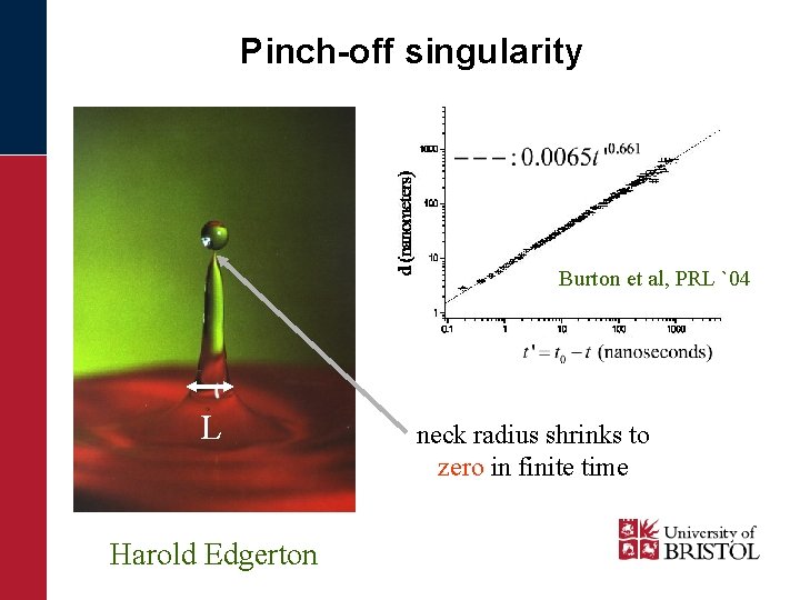 Pinch-off singularity Burton et al, PRL `04 L Harold Edgerton neck radius shrinks to