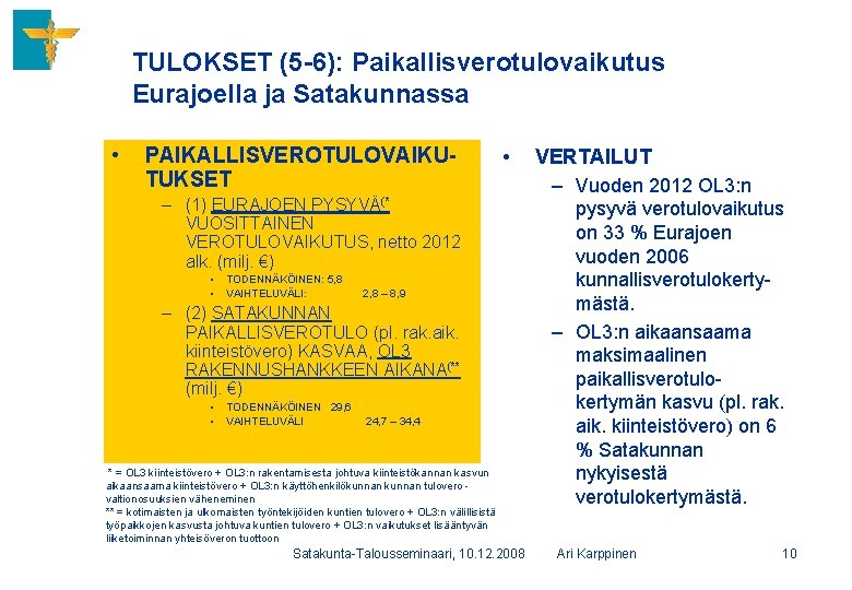 TULOKSET (5 -6): Paikallisverotulovaikutus Eurajoella ja Satakunnassa • PAIKALLISVEROTULOVAIKUTUKSET • – (1) EURAJOEN PYSYVÄ(*