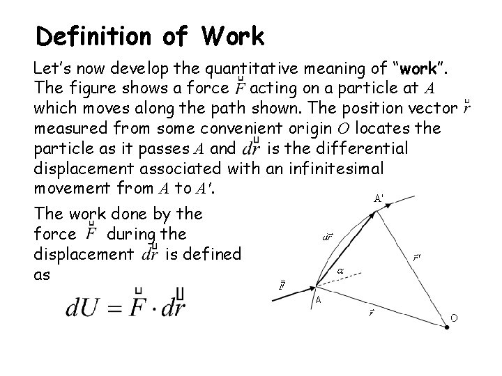 Definition of Work Let’s now develop the quantitative meaning of “work”. The figure shows