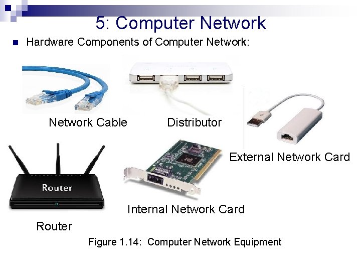 5: Computer Network n Hardware Components of Computer Network: Network Cable Distributor External Network