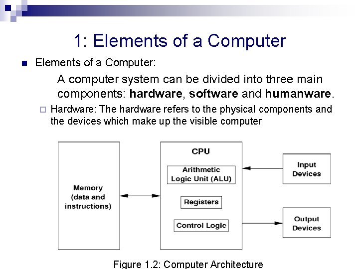 1: Elements of a Computer n Elements of a Computer: A computer system can
