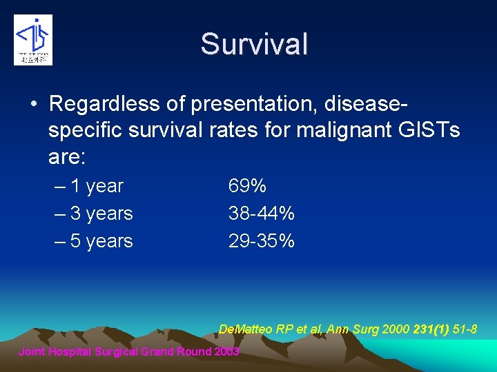 Survival • Regardless of presentation, diseasespecific survival rates for malignant GISTs are: – 1