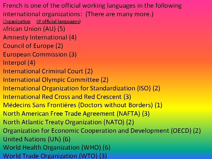 French is one of the official working languages in the following international organizations: (There