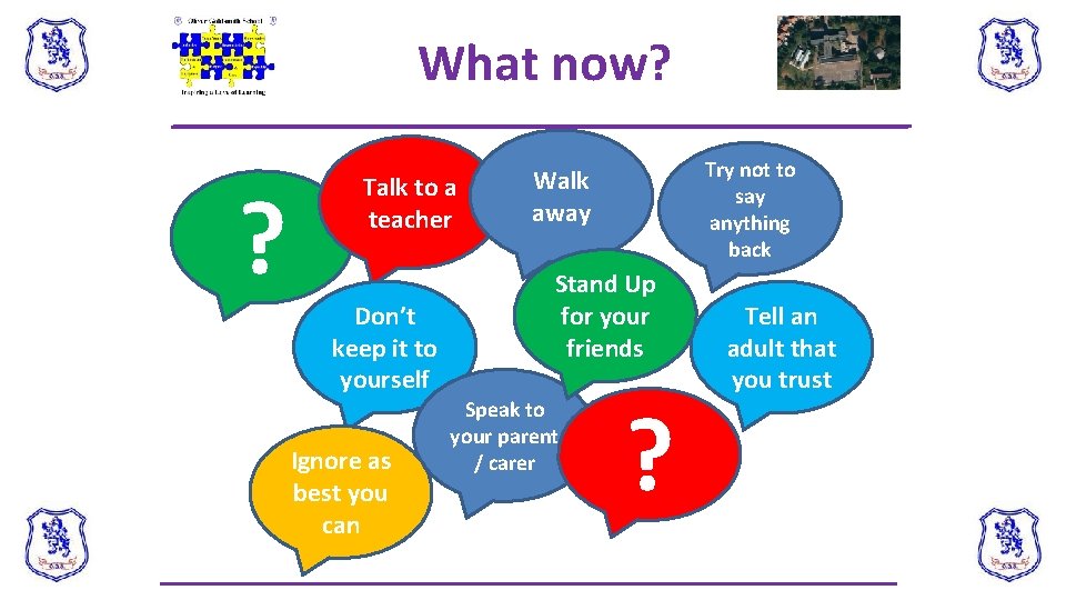 What now? ? Talk to a teacher Don’t keep it to yourself Ignore as What now? ? Talk to a teacher Don’t keep it to yourself Ignore as