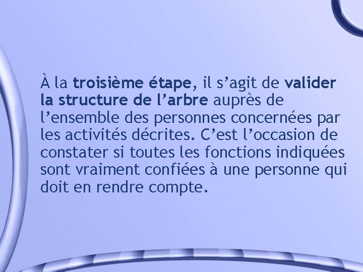 À la troisième étape, il s’agit de valider la structure de l’arbre auprès de