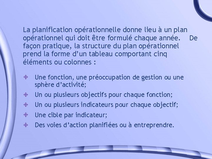 La planification opérationnelle donne lieu à un plan opérationnel qui doit être formulé chaque