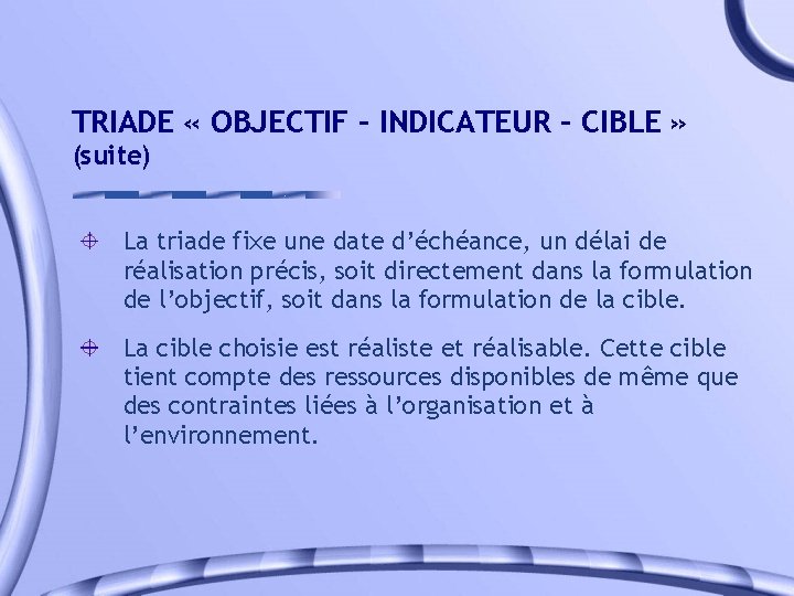 TRIADE « OBJECTIF – INDICATEUR – CIBLE » (suite) La triade fixe une date