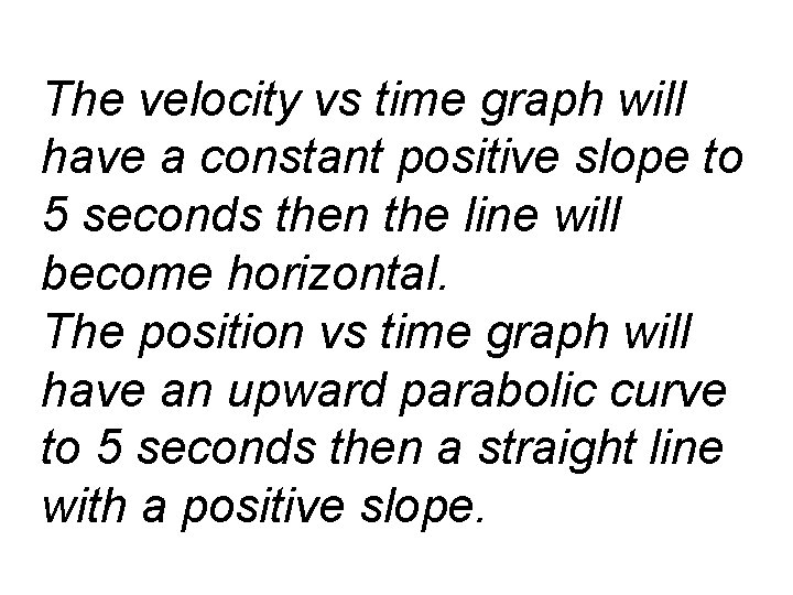 The velocity vs time graph will have a constant positive slope to 5 seconds