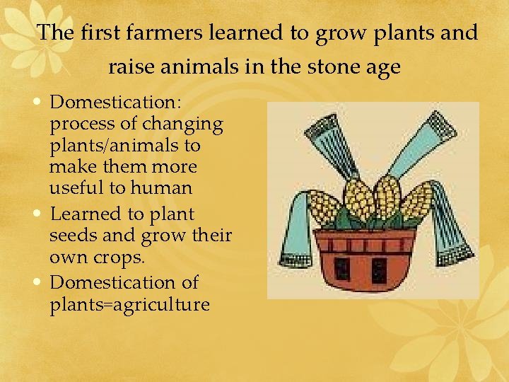 The first farmers learned to grow plants and raise animals in the stone age