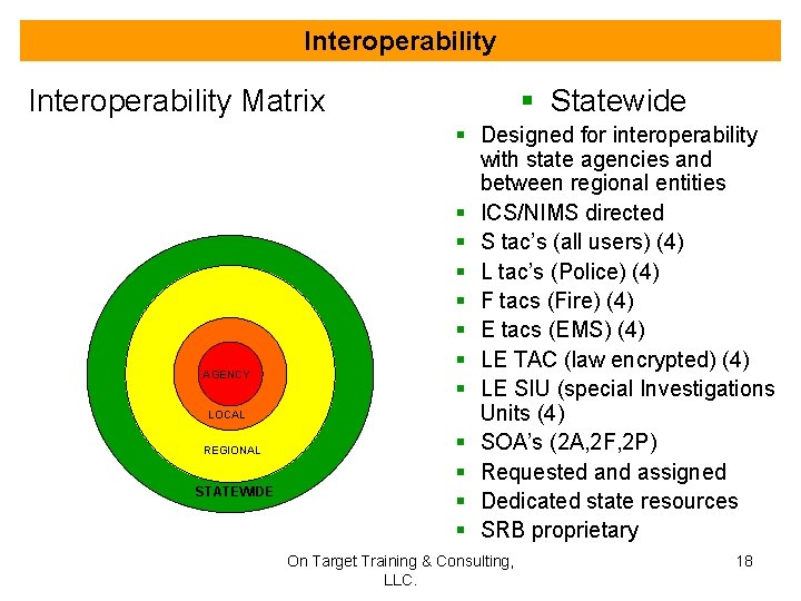 Interoperability § Statewide Interoperability Matrix AGENCY LOCAL REGIONAL STATEWIDE § Designed for interoperability with