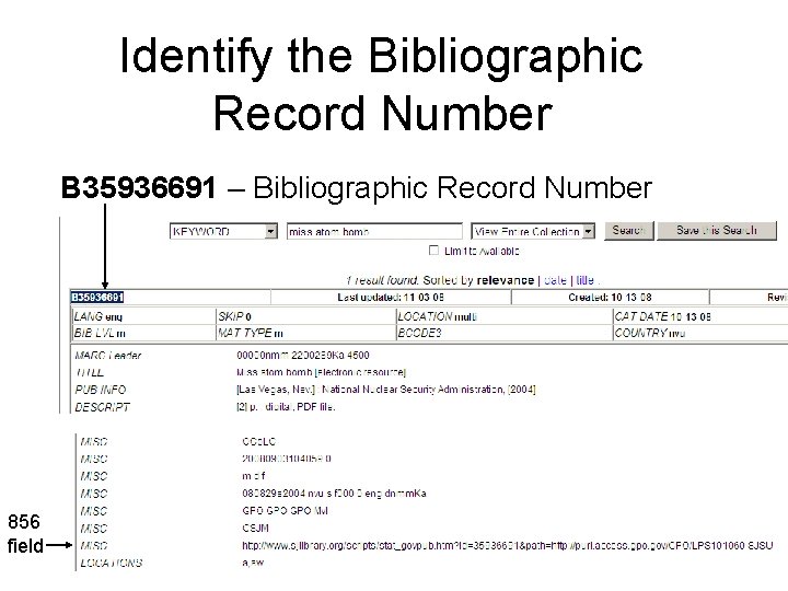 Identify the Bibliographic Record Number B 35936691 – Bibliographic Record Number 856 field 