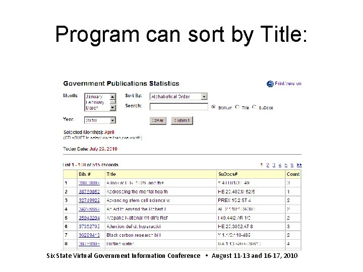 Program can sort by Title: Six State Virtual Government Information Conference August 11 -13