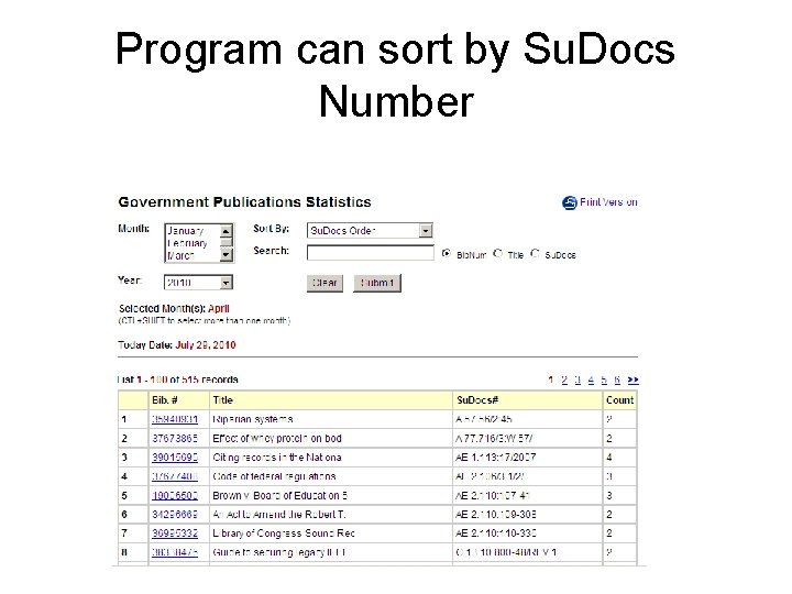 Program can sort by Su. Docs Number 