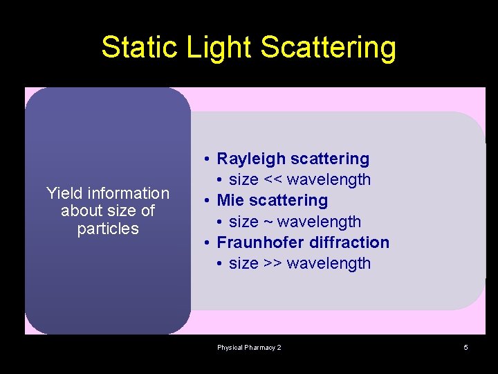 Static Light Scattering Yield information about size of particles • Rayleigh scattering • size