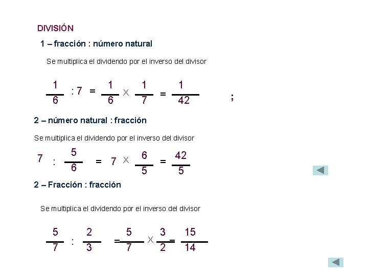 DIVISIÓN 1 – fracción : número natural Se multiplica el dividendo por el inverso