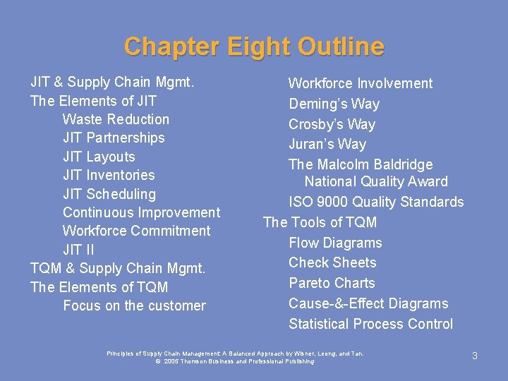 Chapter Eight Outline JIT & Supply Chain Mgmt. The Elements of JIT Waste Reduction