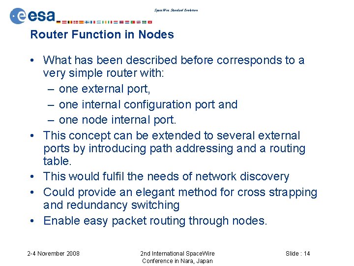 Space. Wire Standard Evolution Router Function in Nodes • What has been described before