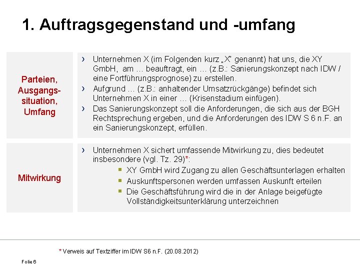 1. Auftragsgegenstand und -umfang › Parteien, Ausgangssituation, Umfang › › › Mitwirkung Unternehmen X
