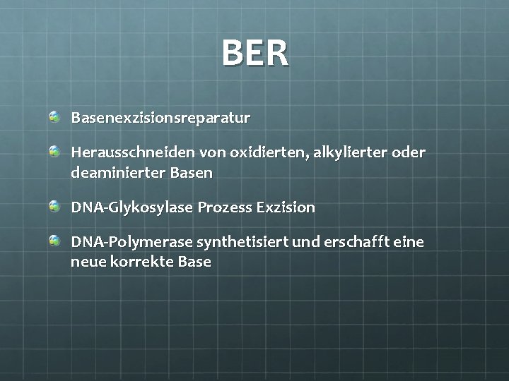 BER Basenexzisionsreparatur Herausschneiden von oxidierten, alkylierter oder deaminierter Basen DNA-Glykosylase Prozess Exzision DNA-Polymerase synthetisiert