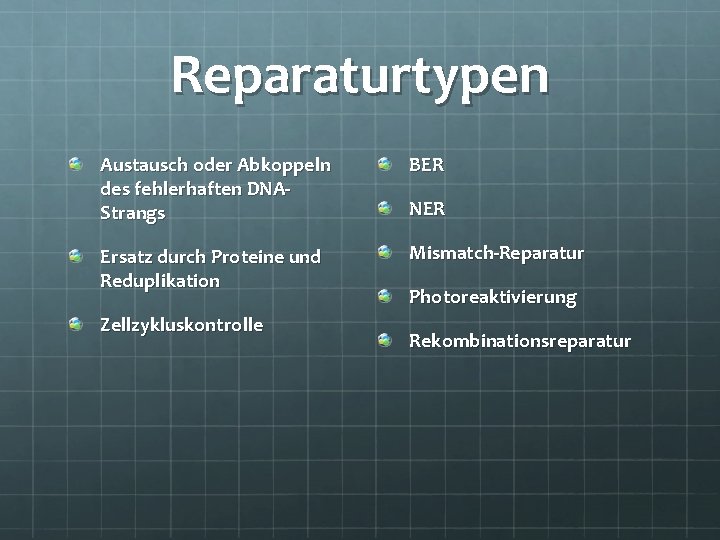 Reparaturtypen Austausch oder Abkoppeln des fehlerhaften DNAStrangs BER Ersatz durch Proteine und Reduplikation Mismatch-Reparatur