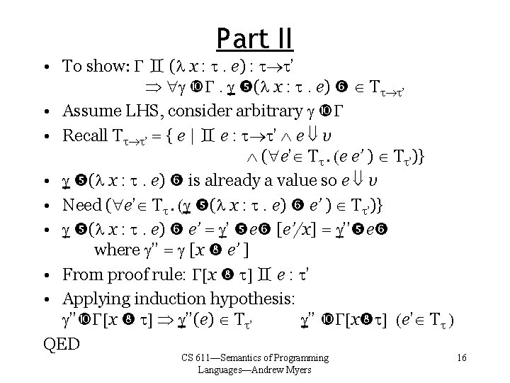 Part II • To show: (l x : t. e) : t t’ .