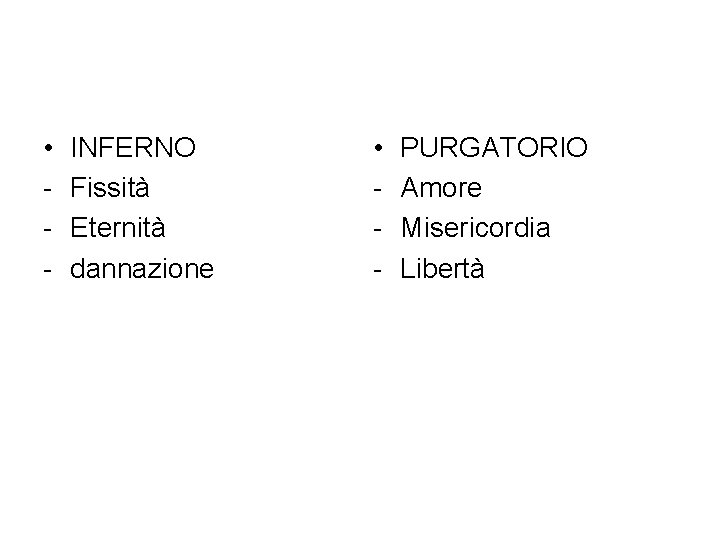  • - INFERNO Fissità Eternità dannazione • - PURGATORIO Amore Misericordia Libertà 