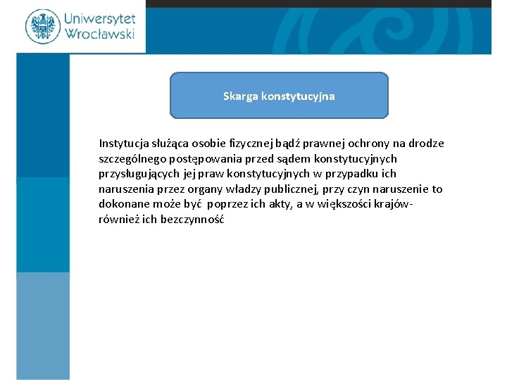 Skarga konstytucyjna Instytucja służąca osobie fizycznej bądź prawnej ochrony na drodze szczególnego postępowania przed