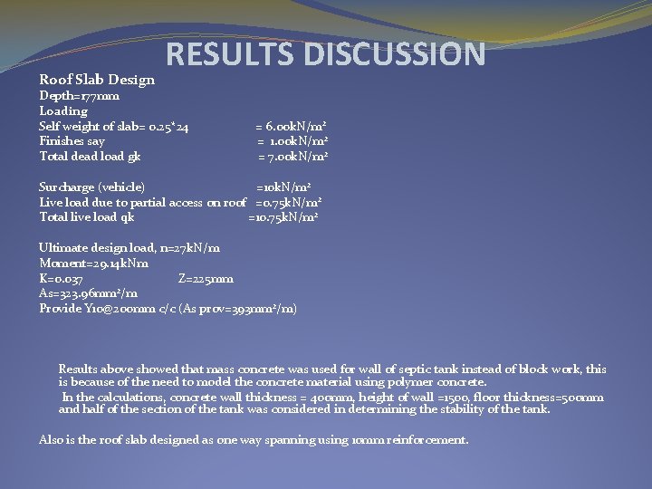 Roof Slab Design RESULTS DISCUSSION Depth=177 mm Loading Self weight of slab= 0. 25*24