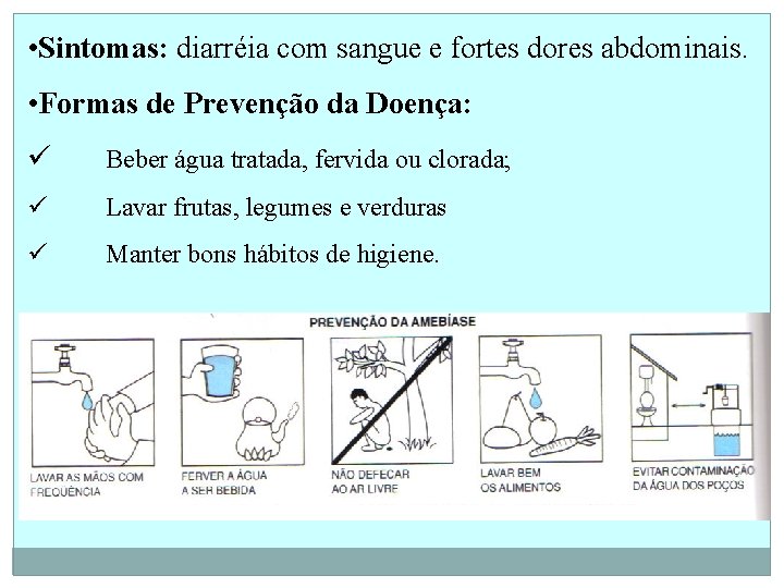  • Sintomas: diarréia com sangue e fortes dores abdominais. • Formas de Prevenção