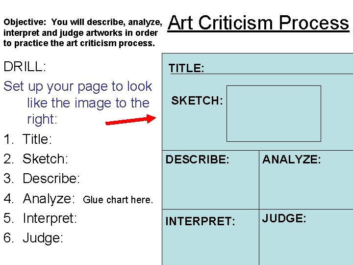 Objective: You will describe, analyze, interpret and judge artworks in order to practice the