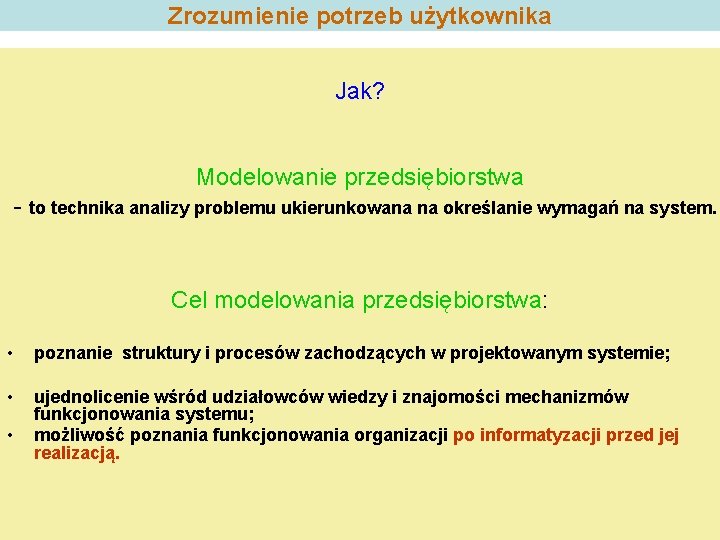 Zrozumienie potrzeb użytkownika Jak? Modelowanie przedsiębiorstwa - to technika analizy problemu ukierunkowana na określanie