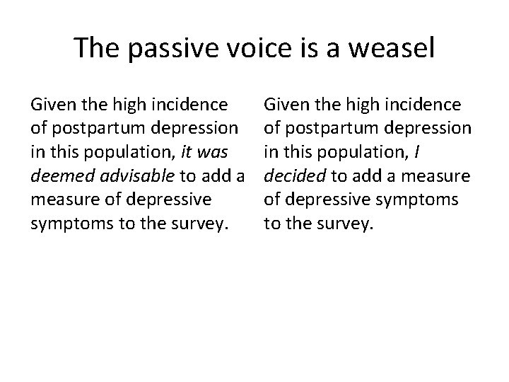 The passive voice is a weasel Given the high incidence of postpartum depression in