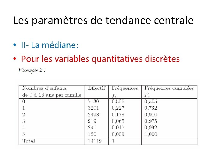 Les paramètres de tendance centrale • II- La médiane: • Pour les variables quantitatives
