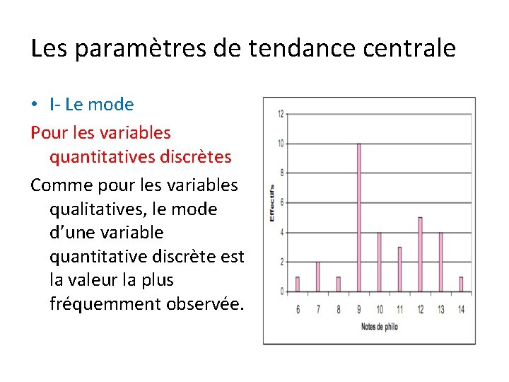 Les paramètres de tendance centrale • I- Le mode Pour les variables quantitatives discrètes