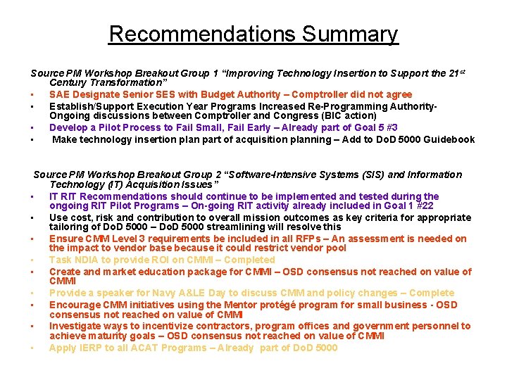 Recommendations Summary Source PM Workshop Breakout Group 1 “Improving Technology Insertion to Support the