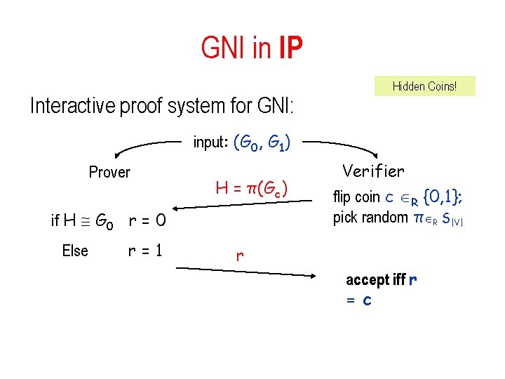 GNI in IP Interactive proof system for GNI: Hidden Coins! input: (G 0, G