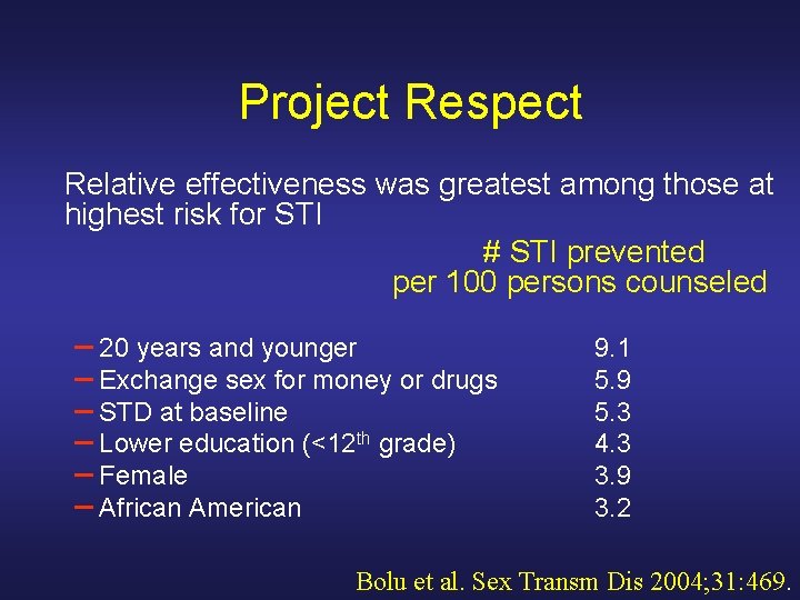 Project Respect Relative effectiveness was greatest among those at highest risk for STI #