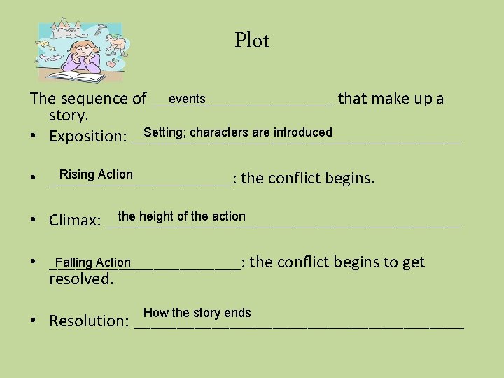 Plot events The sequence of ___________ that make up a story. Setting; characters are