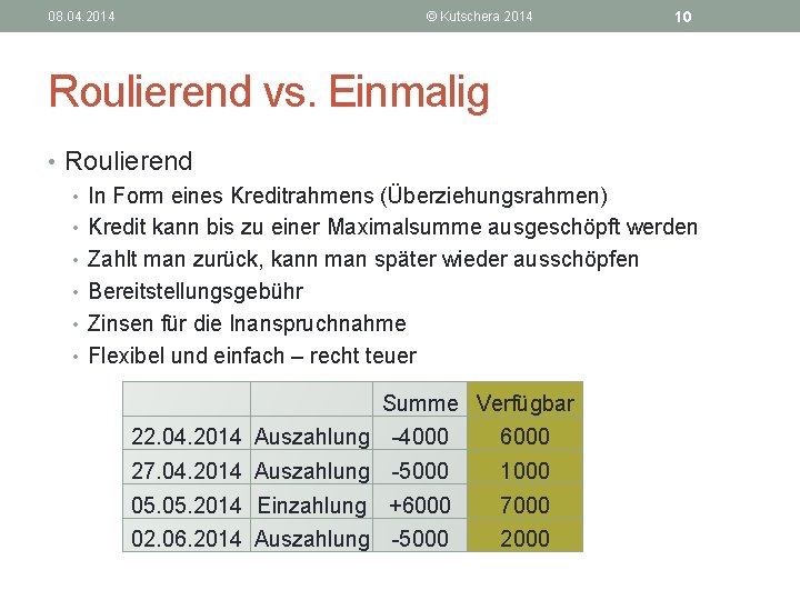 08. 04. 2014 © Kutschera 2014 10 Roulierend vs. Einmalig • Roulierend • In