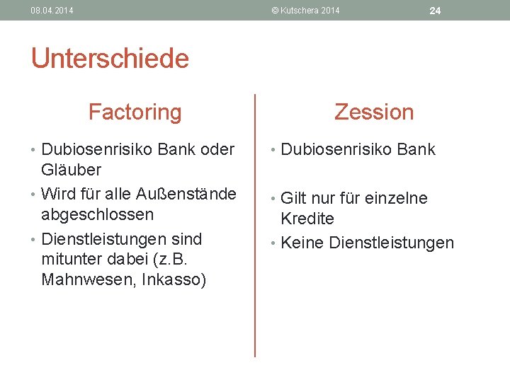 08. 04. 2014 © Kutschera 2014 24 Unterschiede Factoring • Dubiosenrisiko Bank oder Gläuber